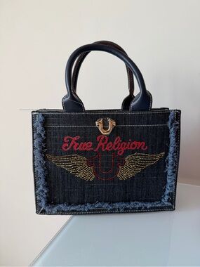 True Religion dark Denim rhinestone Wings logo Tote bag